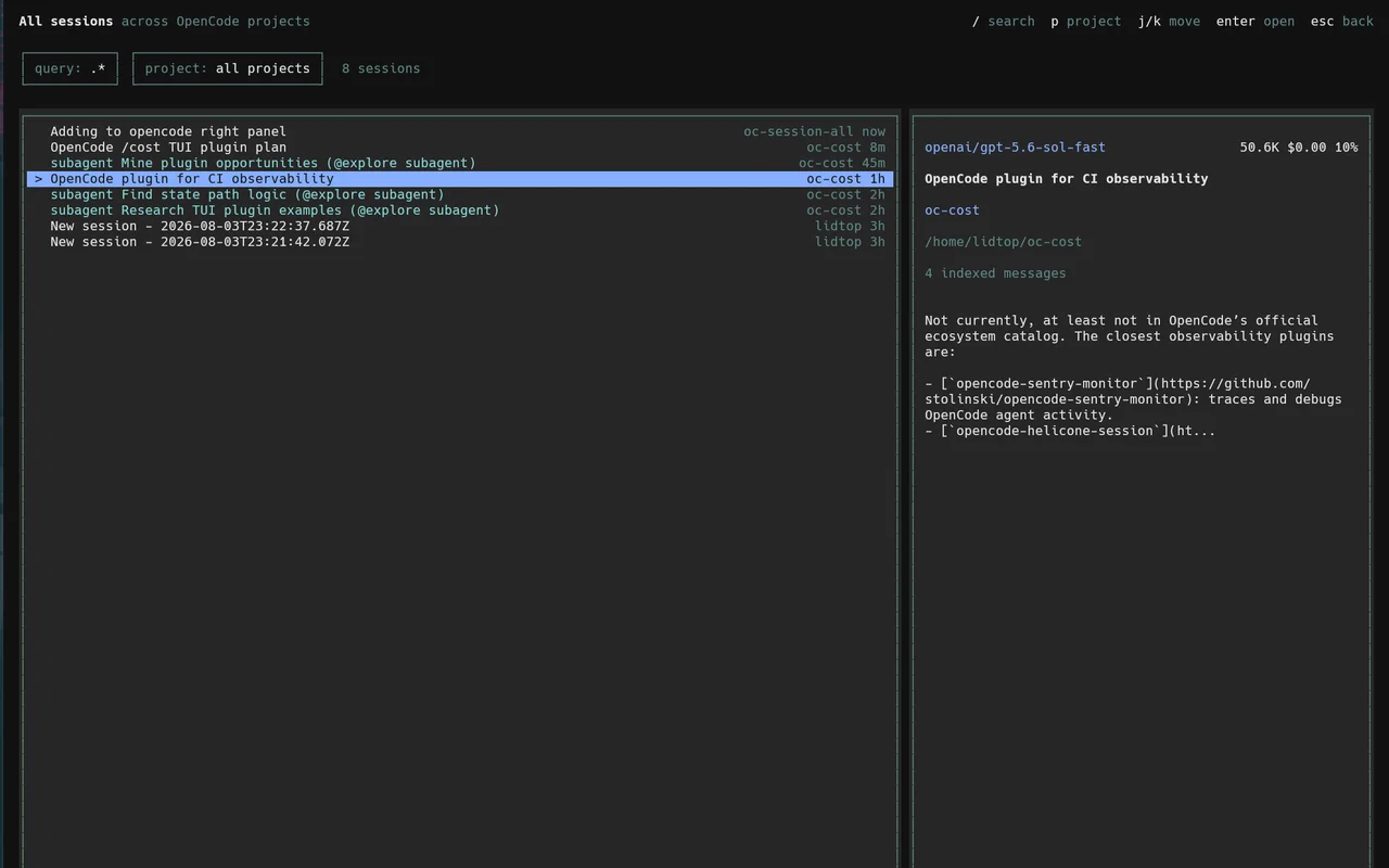 OpenCode cross-project session browser with search and filters