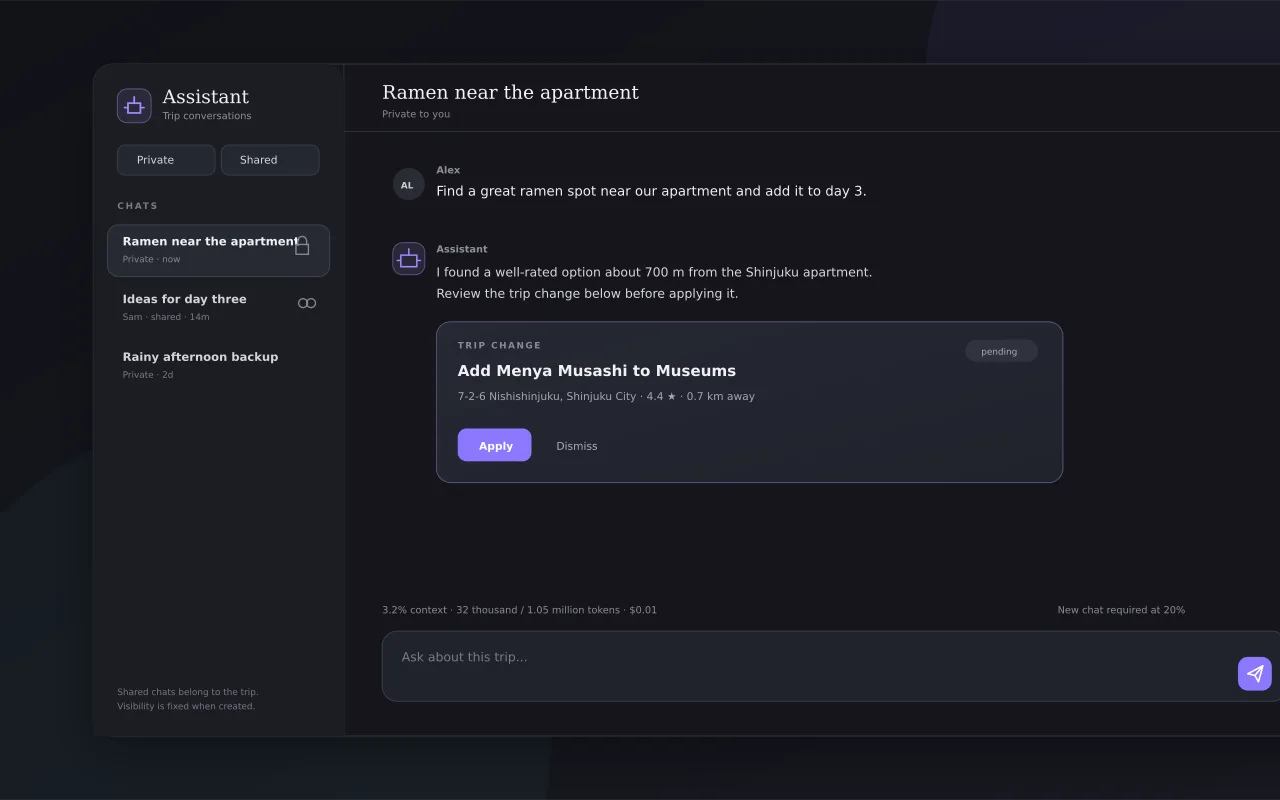 TREK Assistant workspace with trip conversations and travel proposals